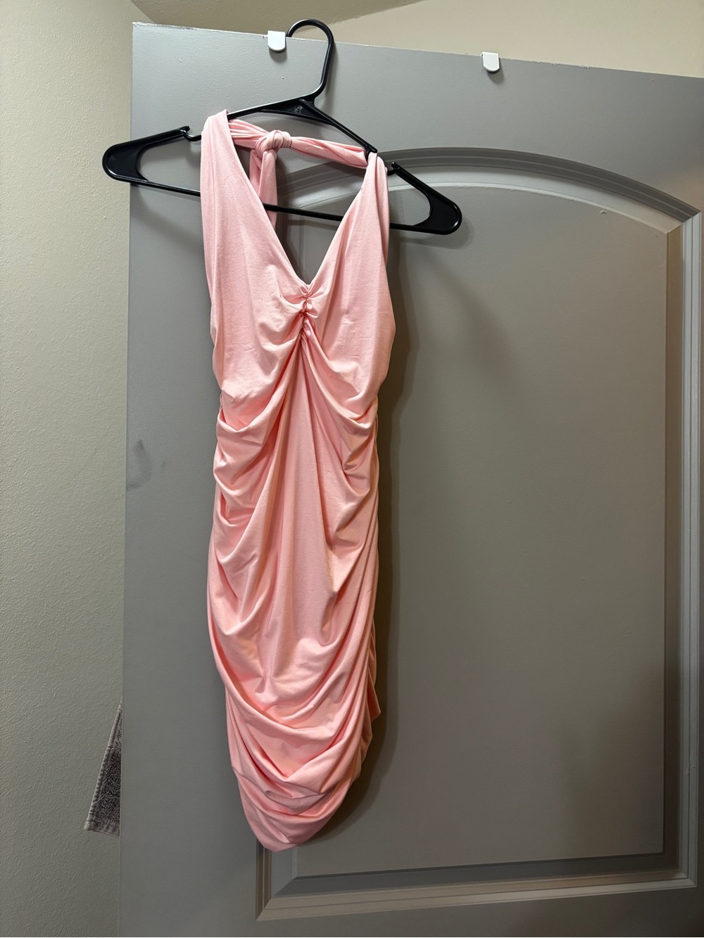 Sleeveless Pink Ruched Halter Dress